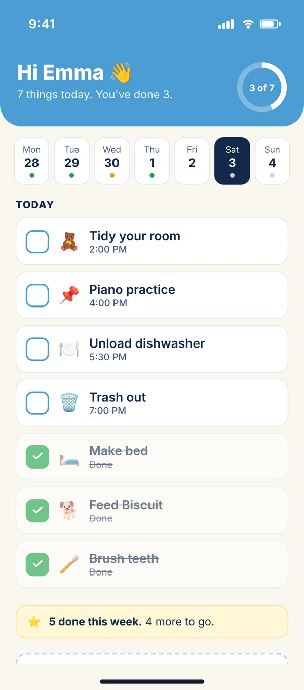 A child's list for today with big checkboxes