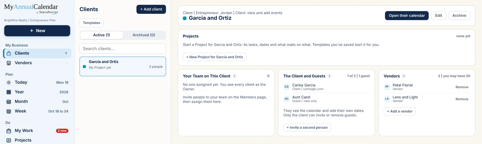 A client page with your team, the client and their guest, and two vendors