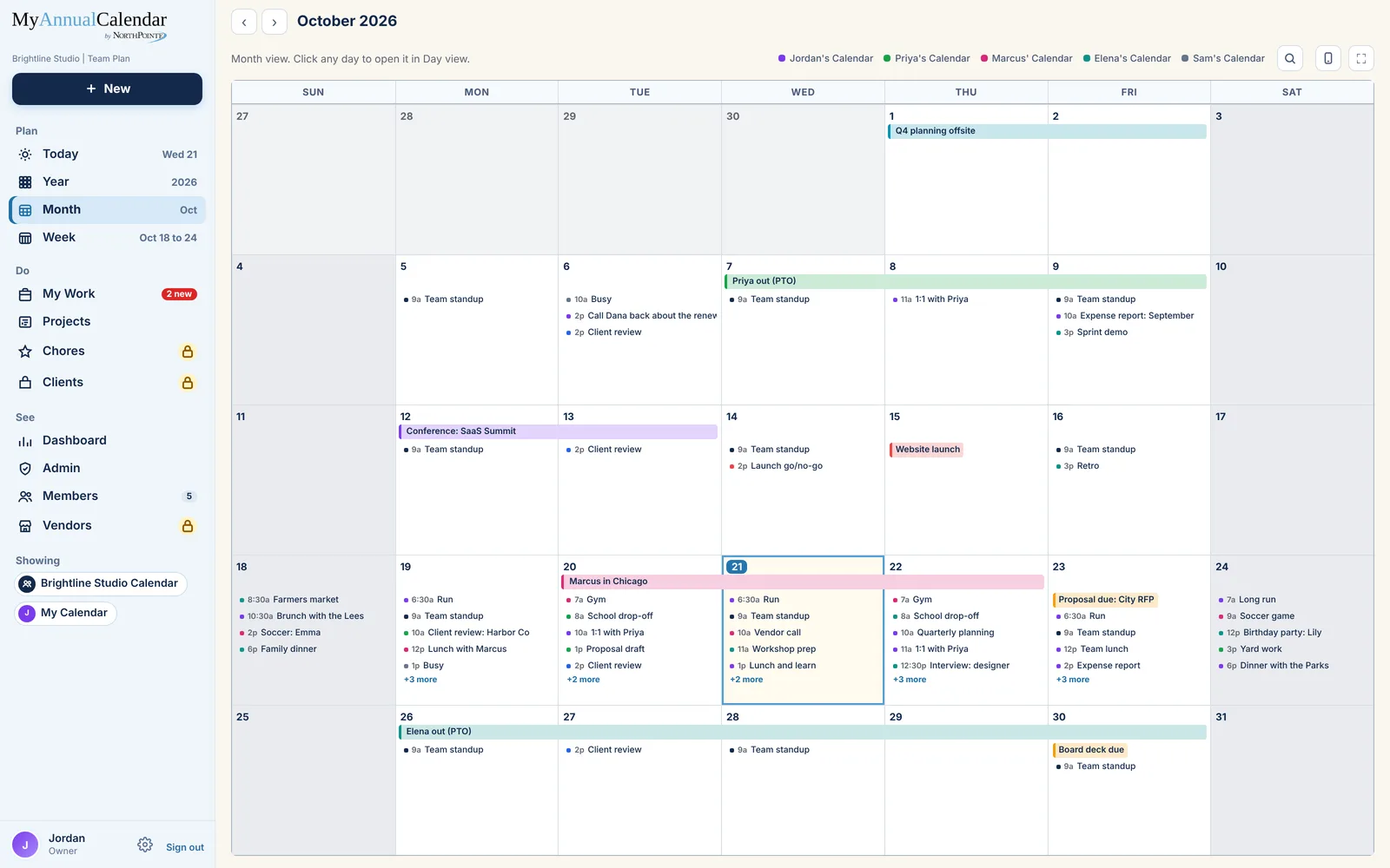 A team's month, color coded by person