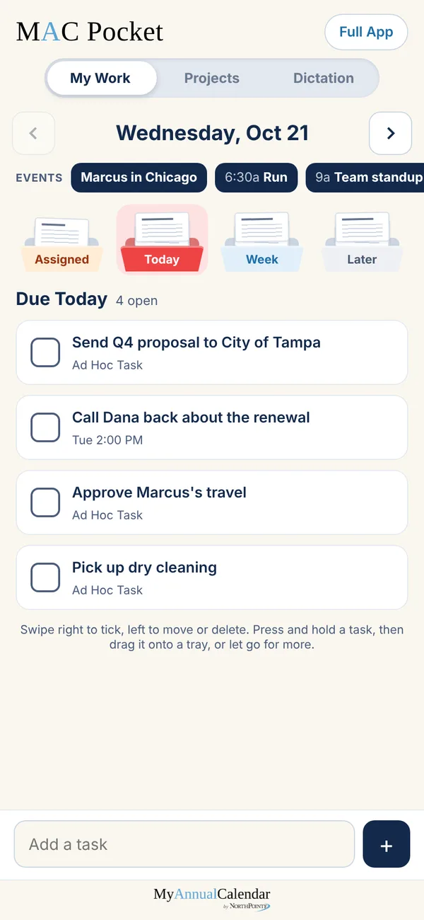 MAC Pocket on a phone, with the same four tasks due today