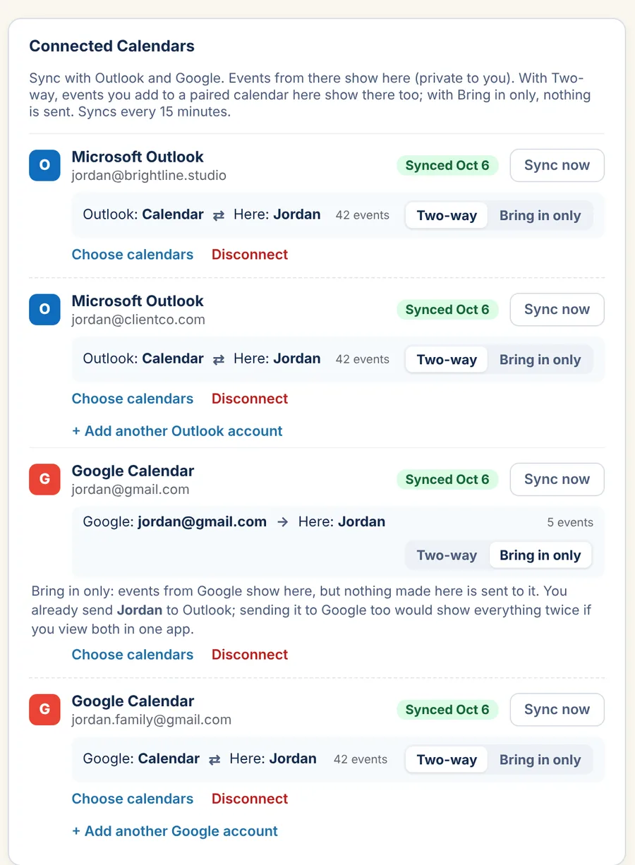 Connected calendars: two Outlook and two Google accounts, each set to Two-way or Bring in only