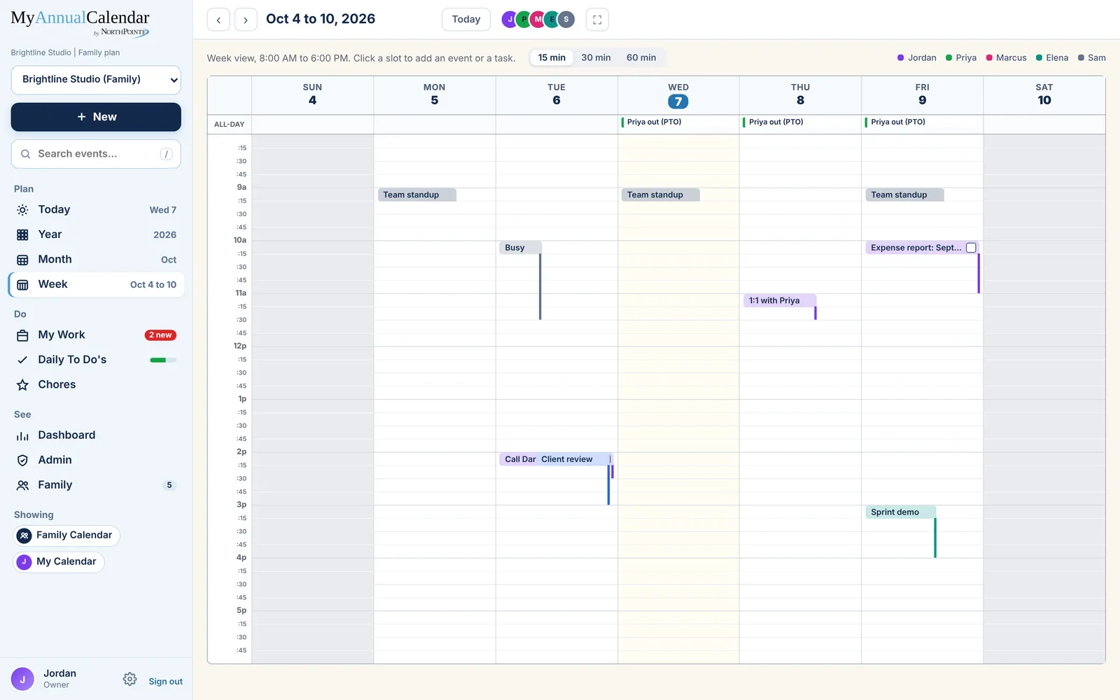 Week view with events for five people, a Busy block and a scheduled task